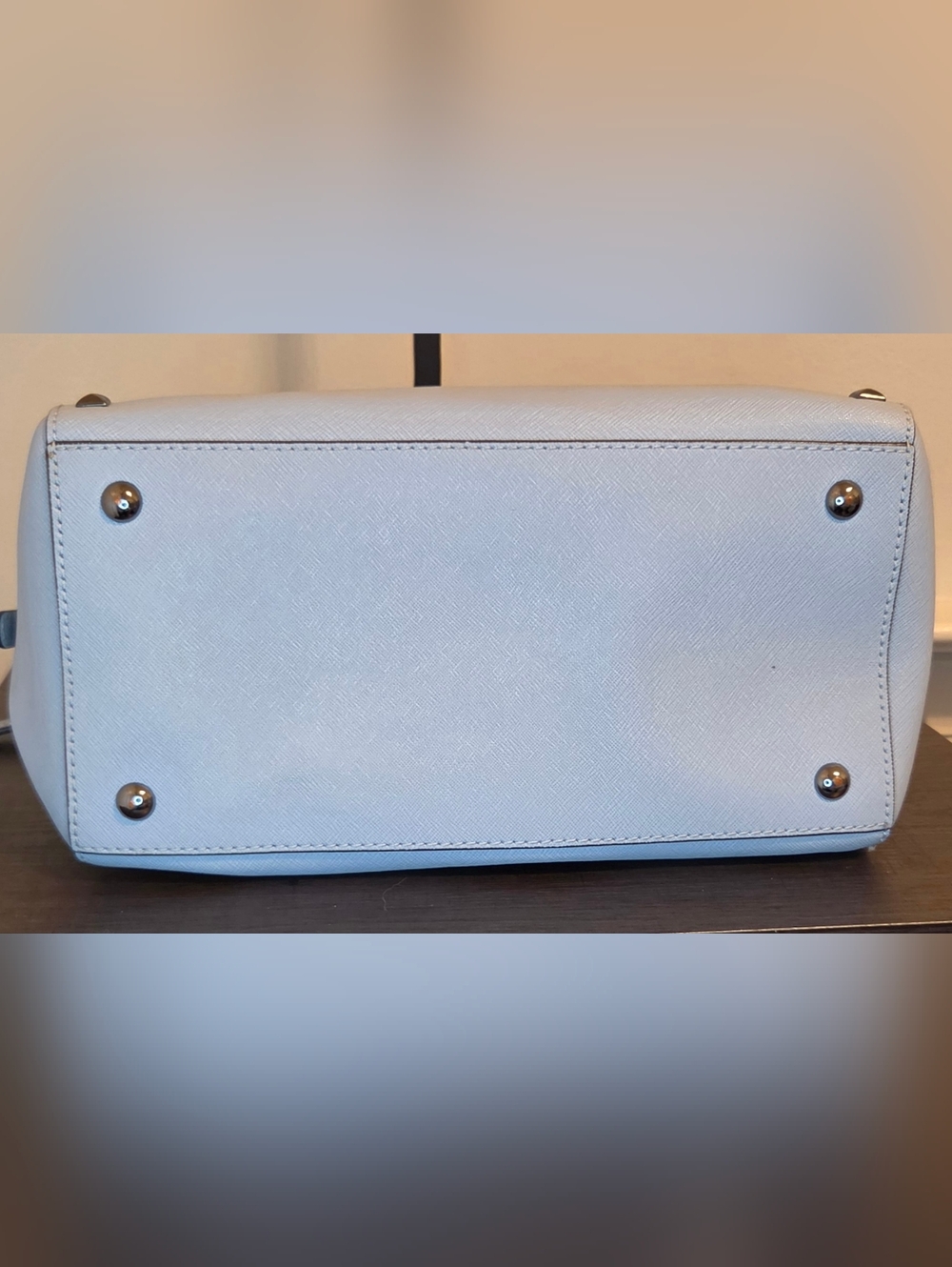 Michael Kors Studded Saffiano Leather Satchel Crossbody Light Blue Gunmetal - Picture 11 of 12